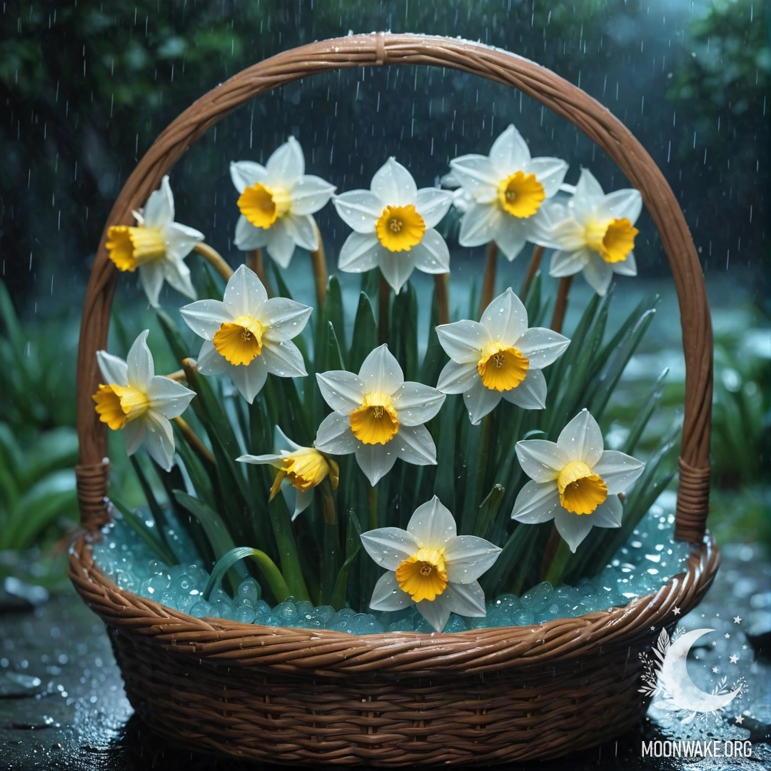 A sweet narcissus flower resting in a basket, surrounded by mist and rain at night.