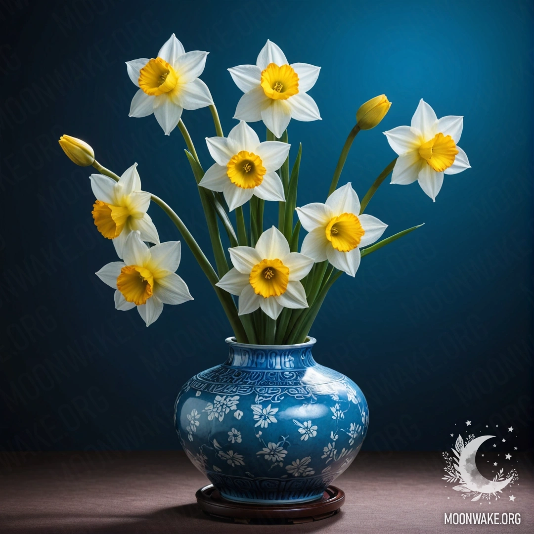 A sky blue vase holding sweet narcissus flowers at night.