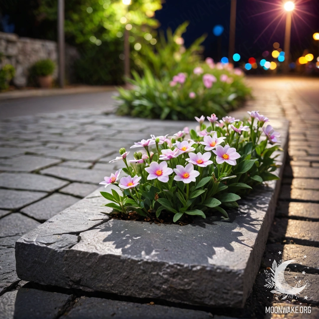 Sweet Night Blooms by a Shabby Stone Curb A shabby stone curb with small white and pink flowers growing behind it at night.