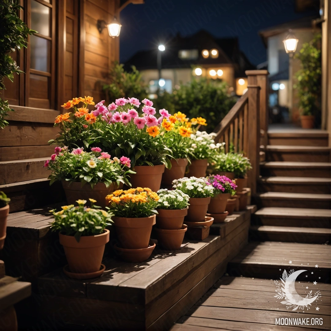 A wooden staircase adorned with flowerpots at night.
