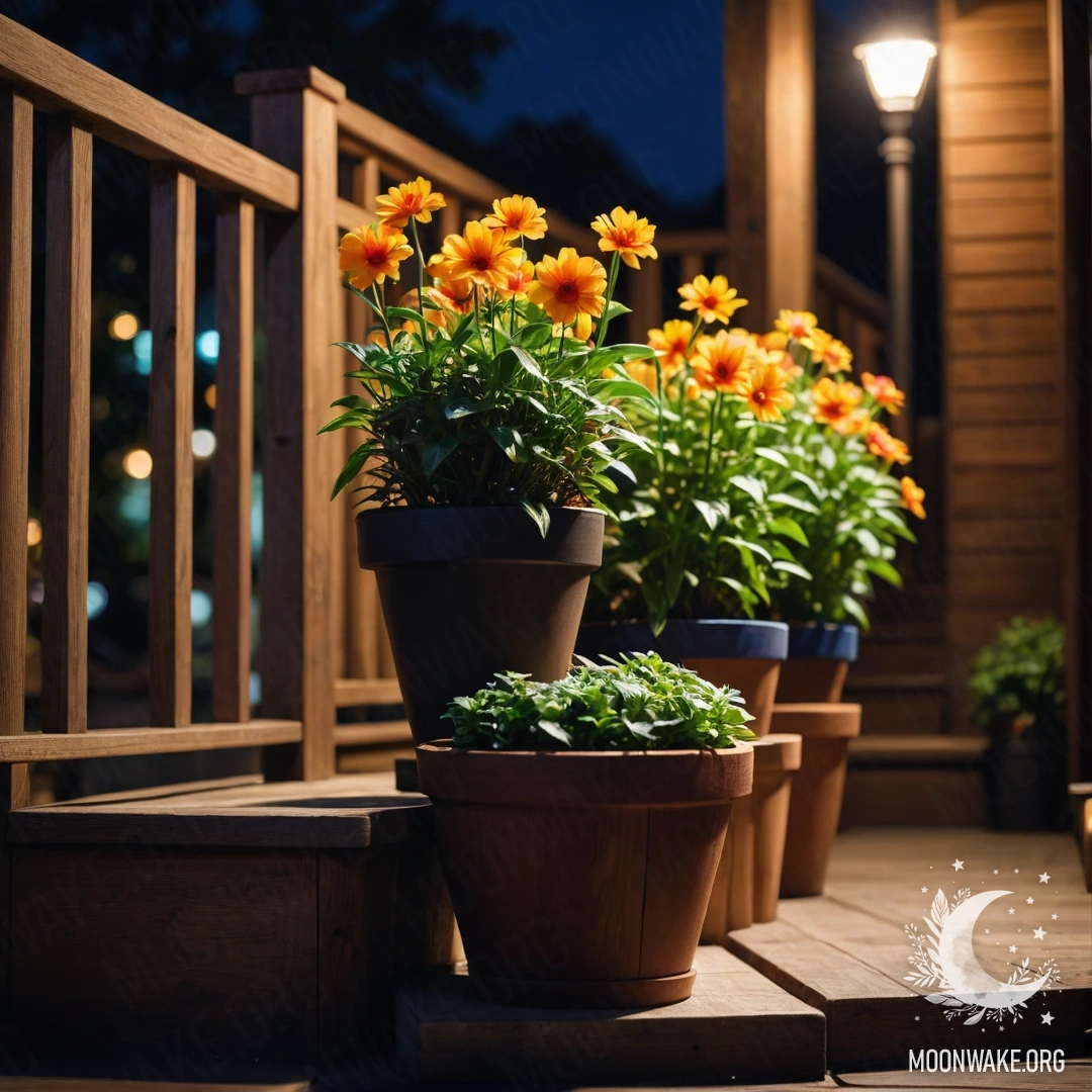 Sweet Night on a Wooden Staircase A wooden staircase adorned with flowerpots at nighttime.
