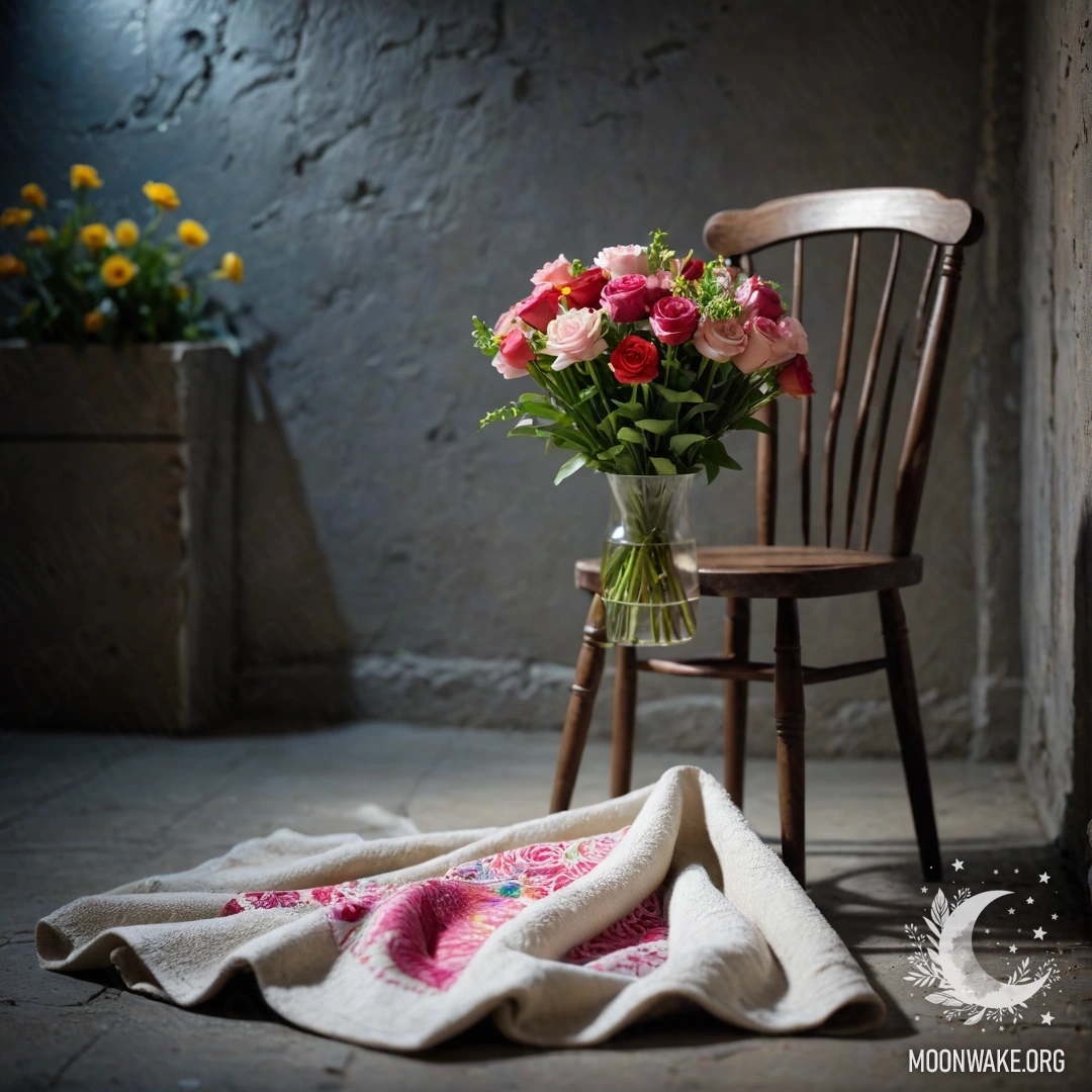 A cozy chair with a blanket and a bouquet of flowers against a shabby wall at night.