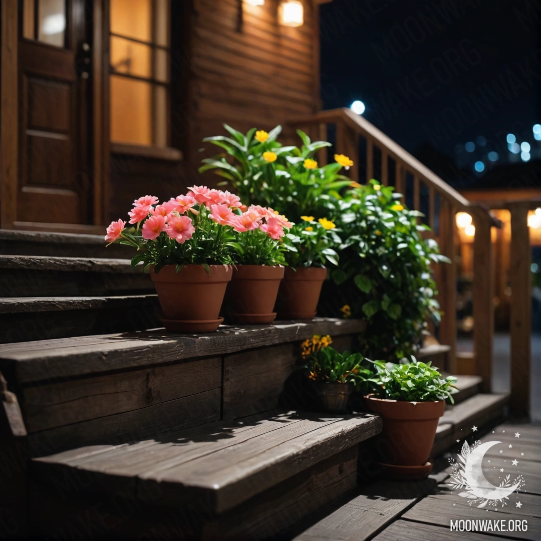 Sweet Nighttime on Stairs A wooden staircase adorned with flowerpots at night.