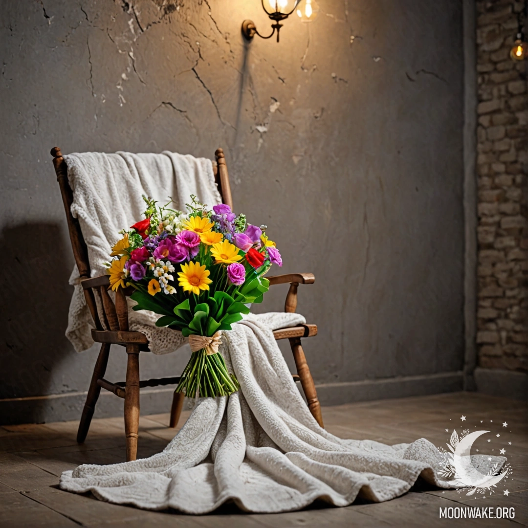 A chair with a blanket and a bouquet of flowers in a dimly lit room against a shabby wall at night.