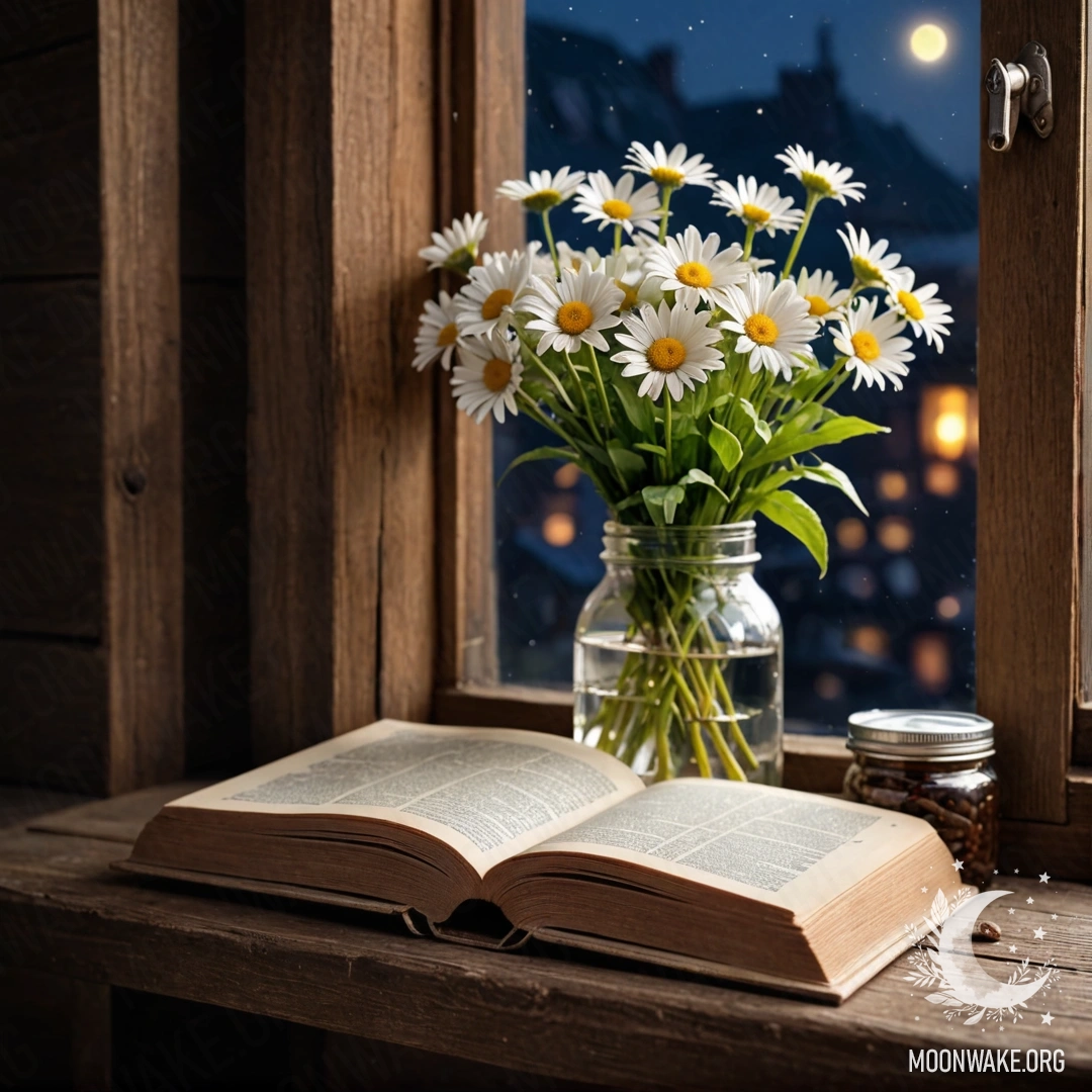 A shabby wooden windowsill at night with a jar of daisies and an open book.