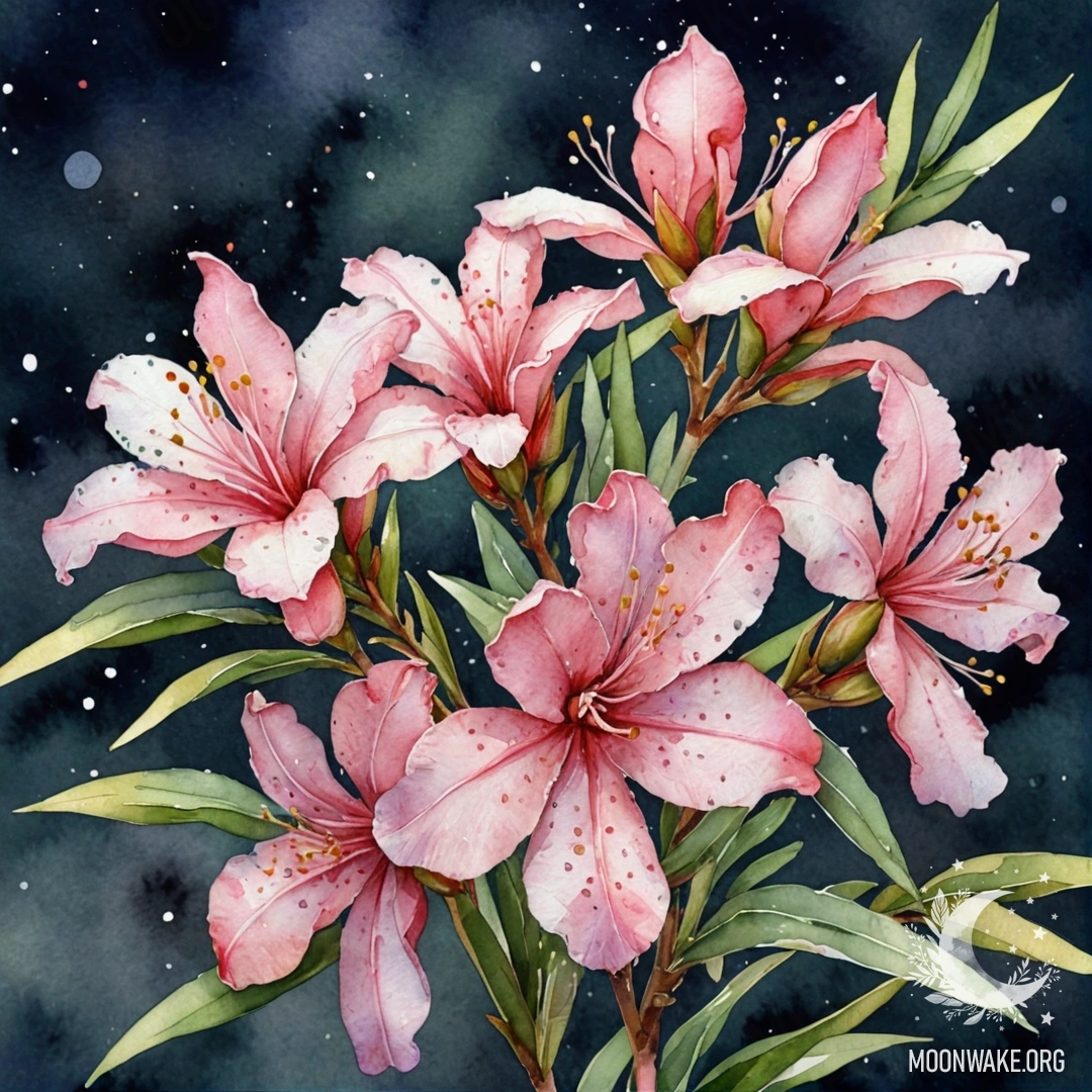 A watercolor painting of sweet oleander in sage color with sequins at night.