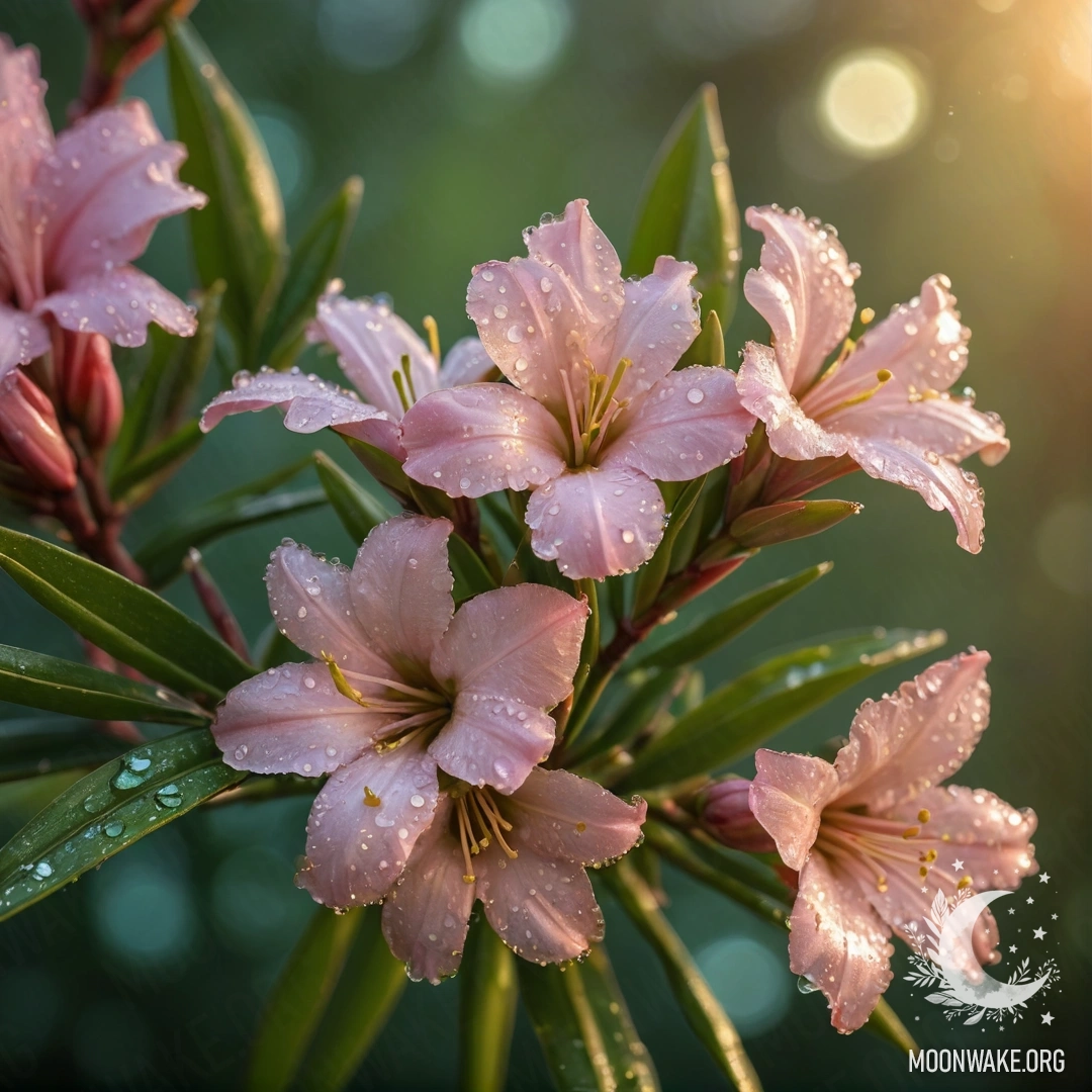 Photo of a sweet oleander covered with dew drops during sunset, shimmering in green tones.