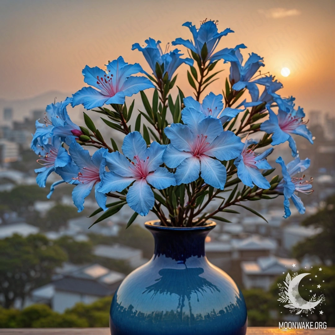 A blue vase containing sweet oleander flowers enveloped in mist at sunset.