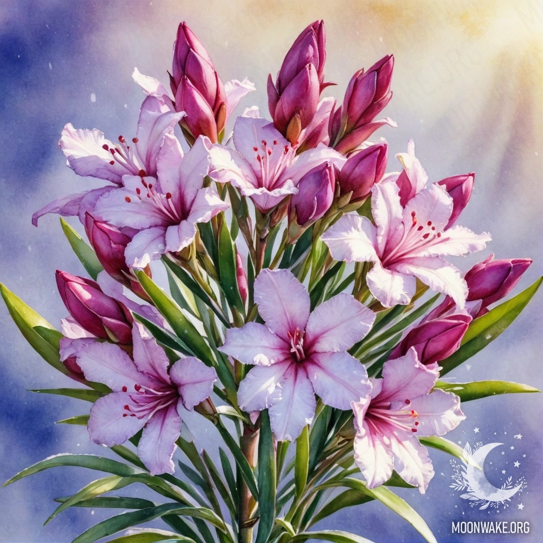 A bouquet of sweet oleander in frost with sunny rays, purple color.