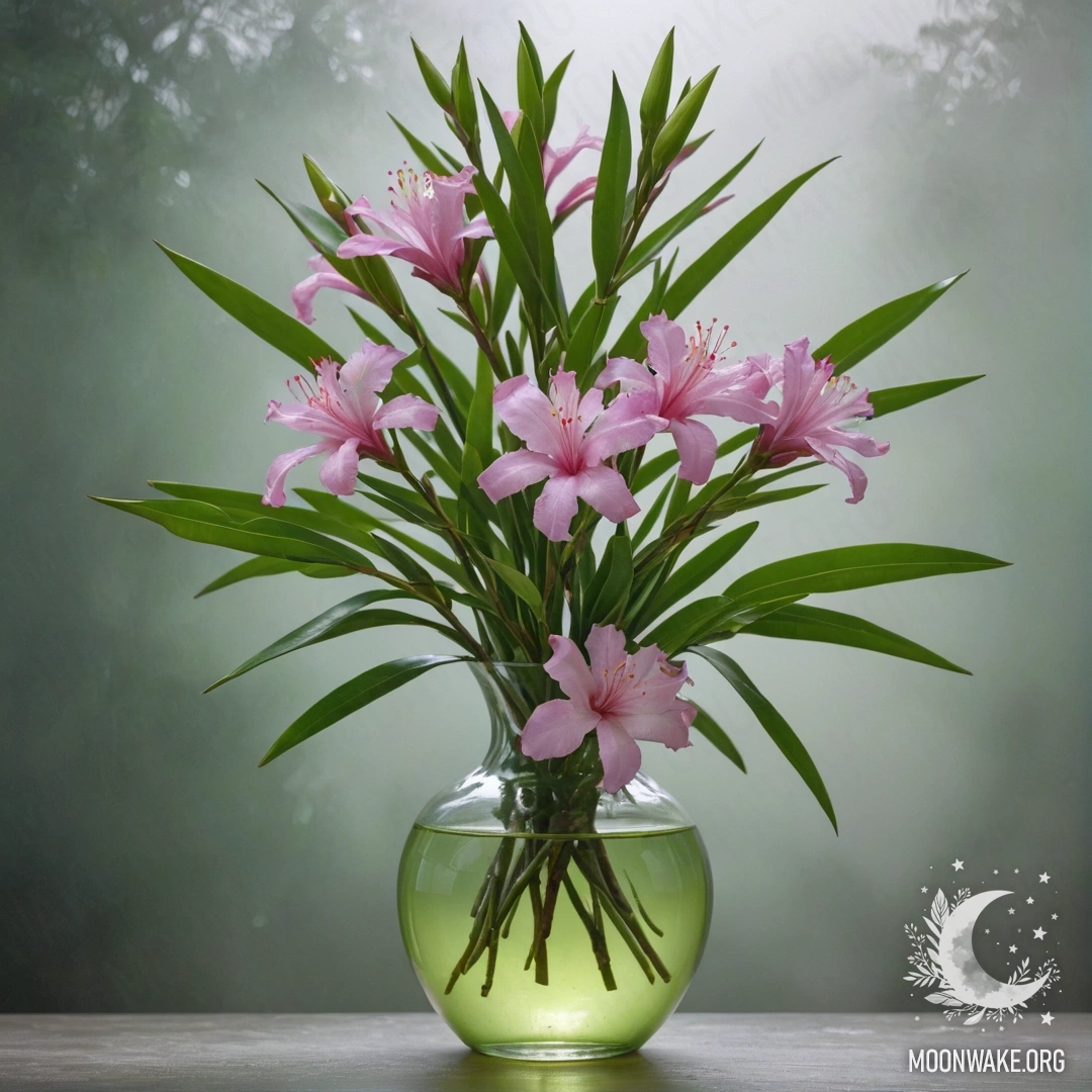 A lime-colored vase containing sweet oleander flowers surrounded by fog.