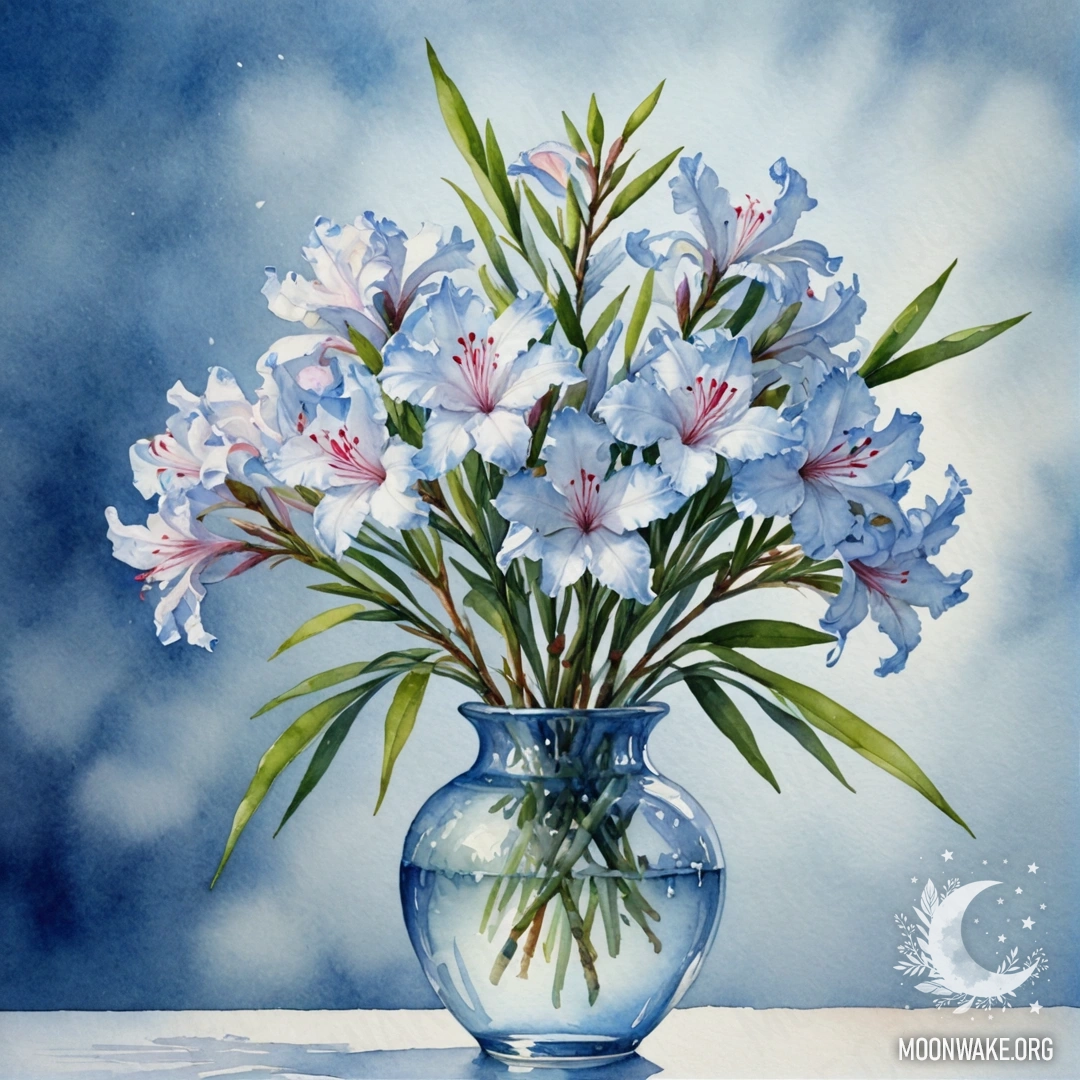 A watercolor painting of a sweet oleander in a sky blue vase surrounded by mist.