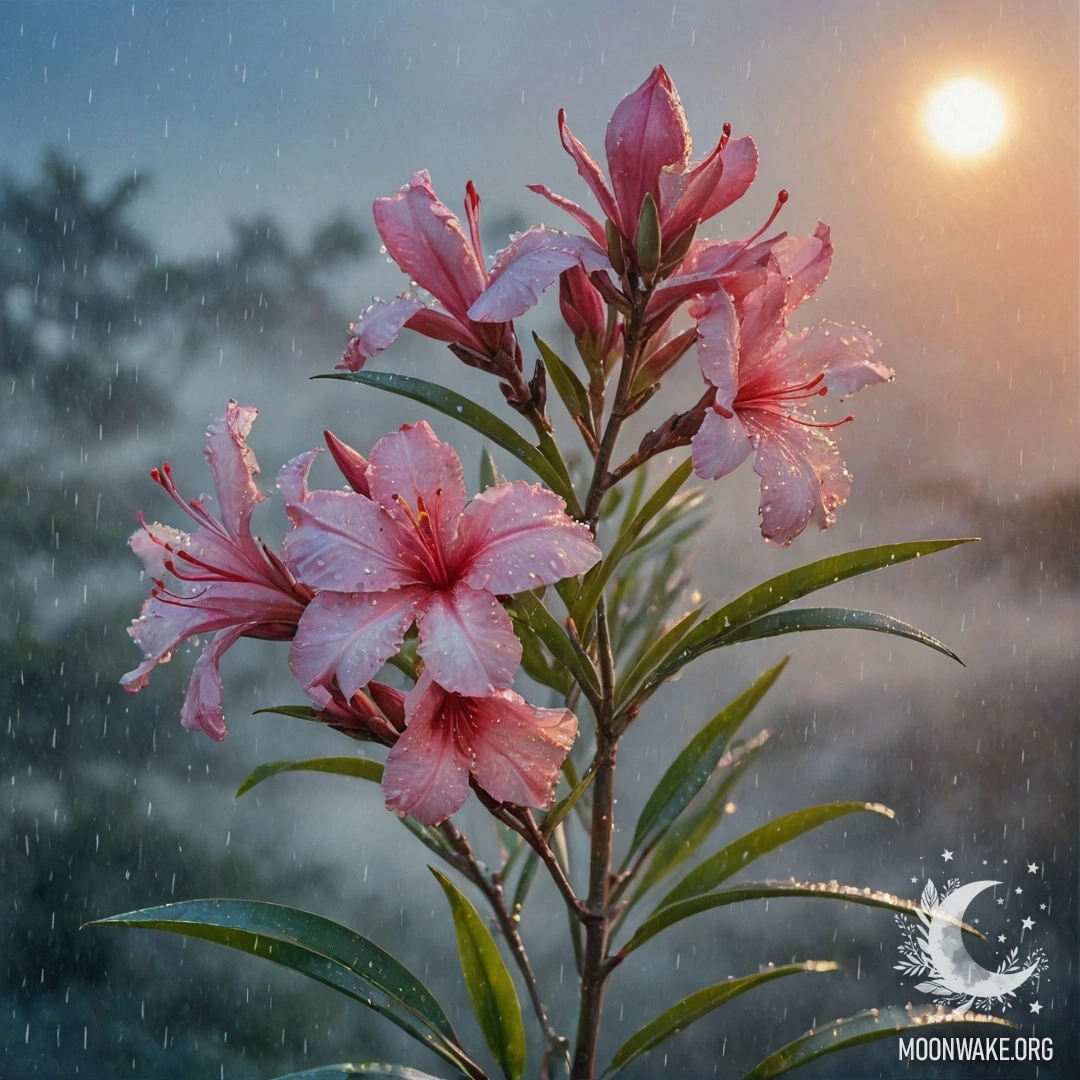 Sweet Oleander in the Misty Sunset Rain A watercolor painting of sweet oleander flowers in misty rain at sunset.