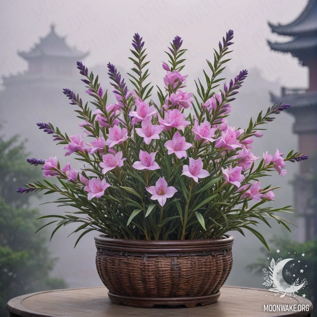 A lavender-colored oleander flower nestled gently in a misty basket.
