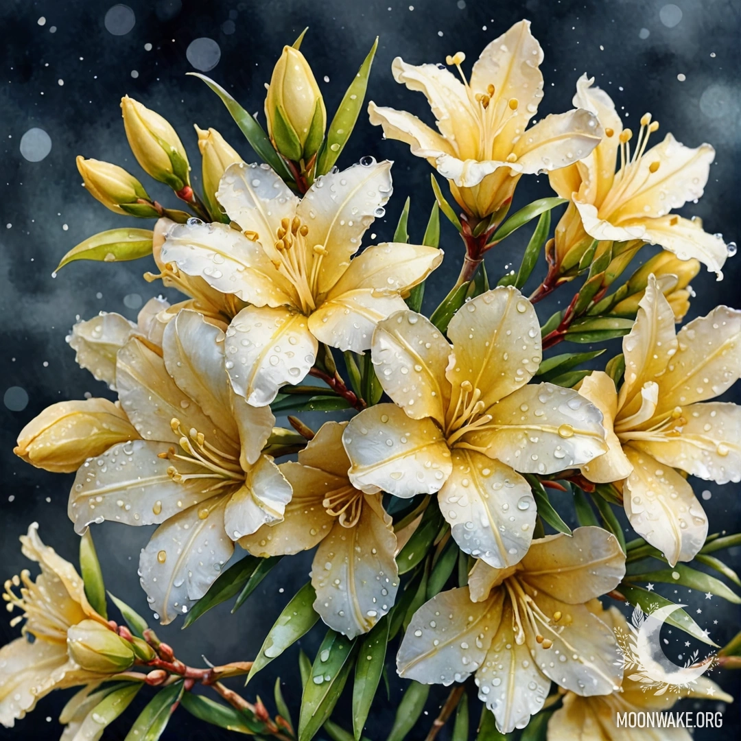 A delicate oleander flower with dew drops against a night sky.