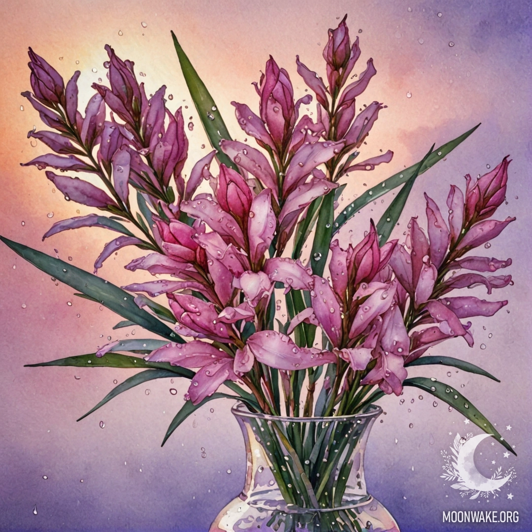 A vase containing sweet oleander flowers in lavender color with dew drops at sunset.