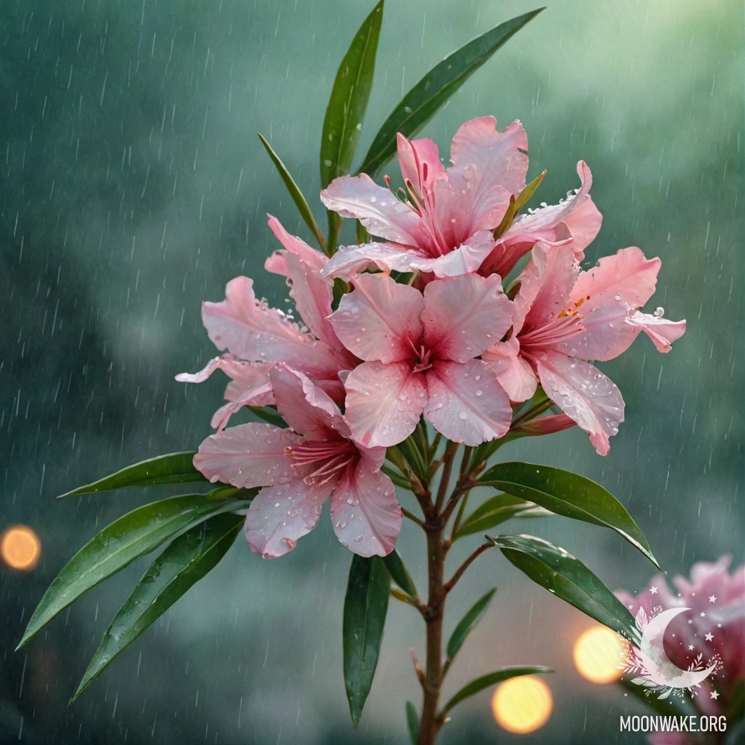 Sweet Oleander Under Rain at Sunset A watercolor painting of sweet oleander flowers under the rain at sunset.