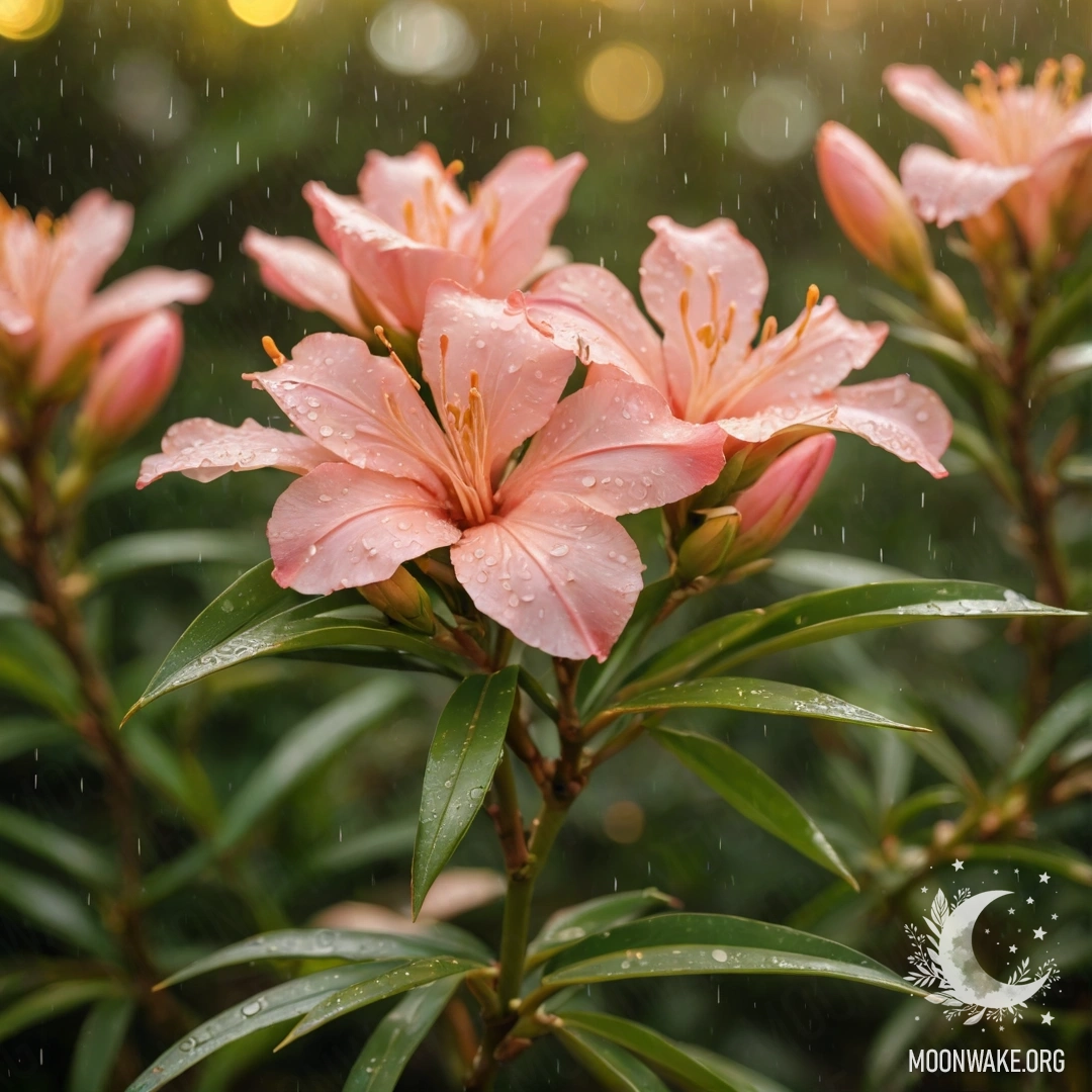 A sweet oleander in the rain at sunset, featuring gold patterns and Japanese calligraphy.