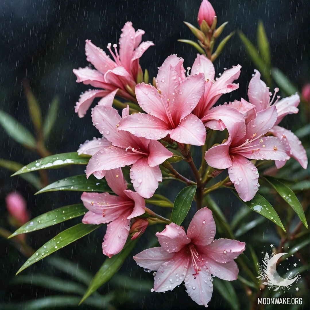 A delicate oleander flower glistening with raindrops at night, surrounded by pastel hues and rhinestones.