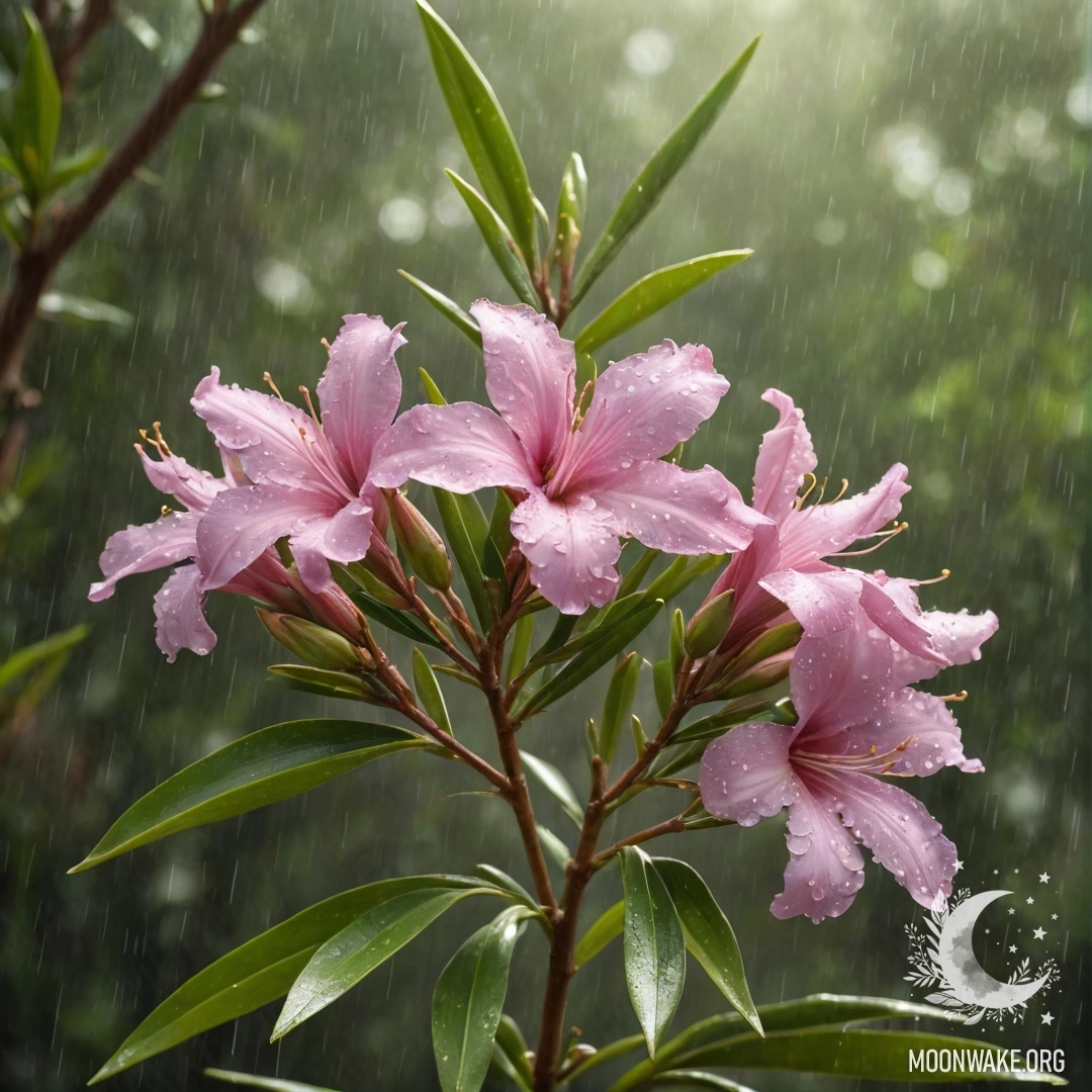 A sweet oleander flower drenched in rain with sunny rays shining behind.