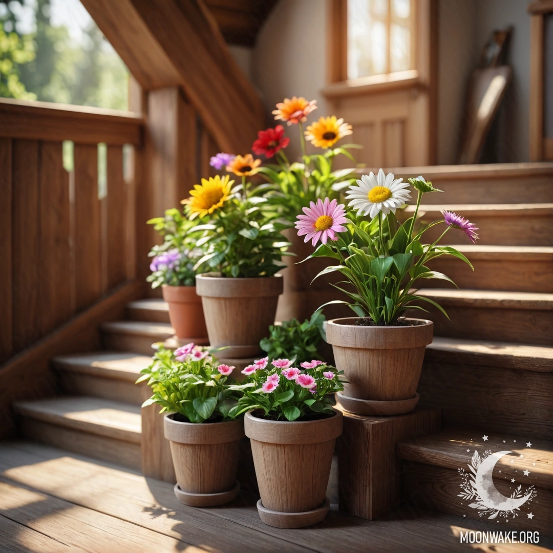 Sweet Scene on a Wooden Staircase A beautiful wooden staircase adorned with flowerpots, bathed in sunlight.