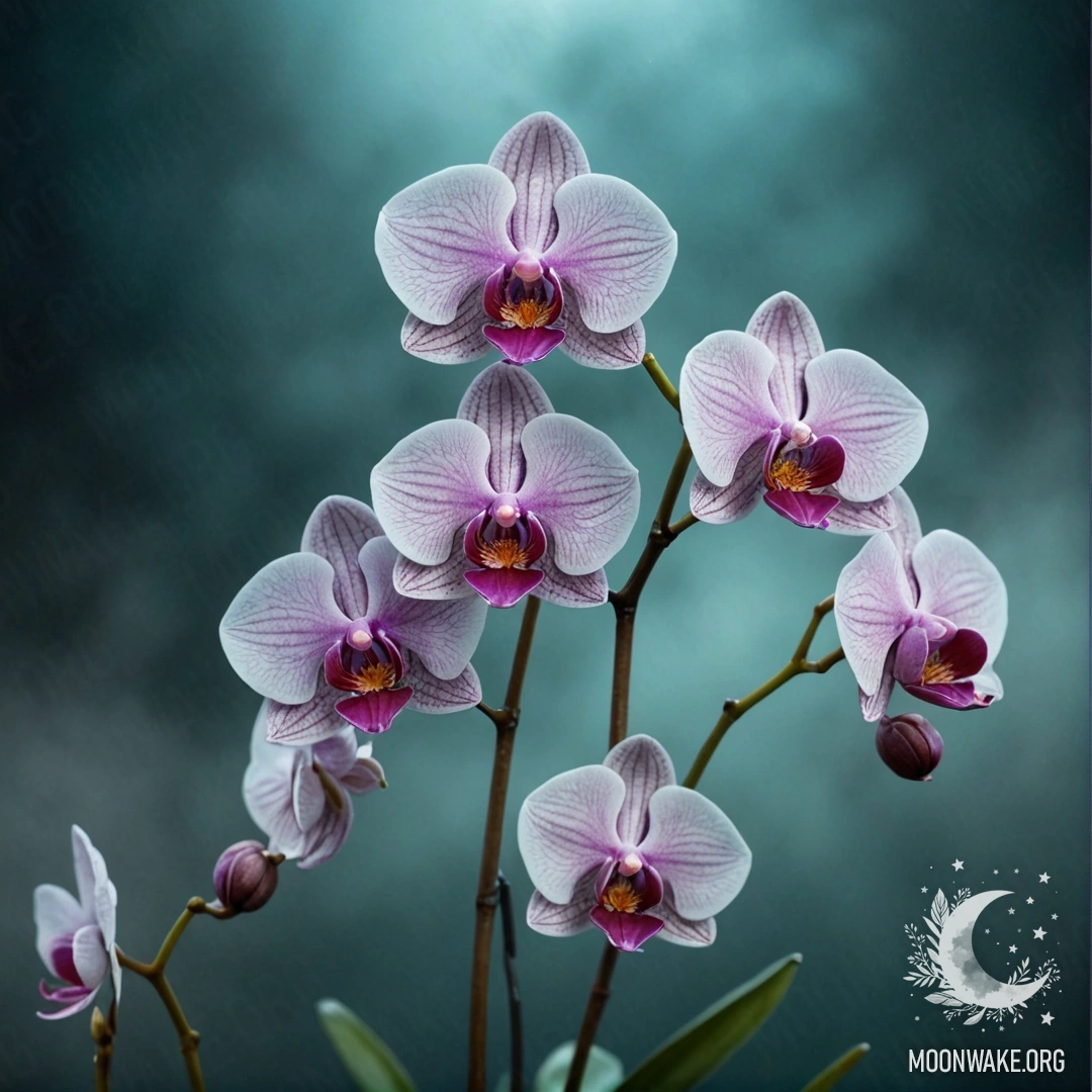 A delicate orchid surrounded by fog against an aquamarine background.