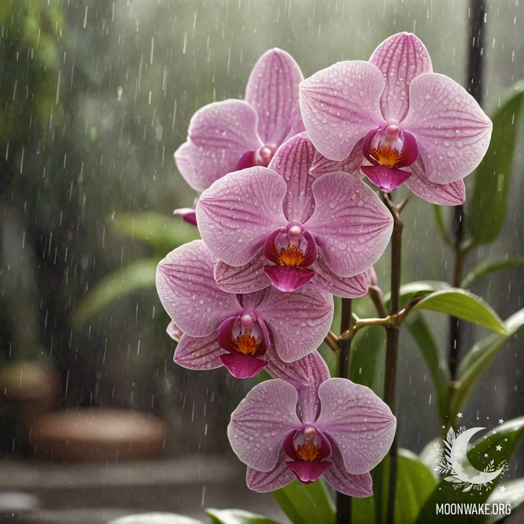 Sweet Orchid in the Rain A beautiful pink orchid surrounded by gentle raindrops and sunlight.