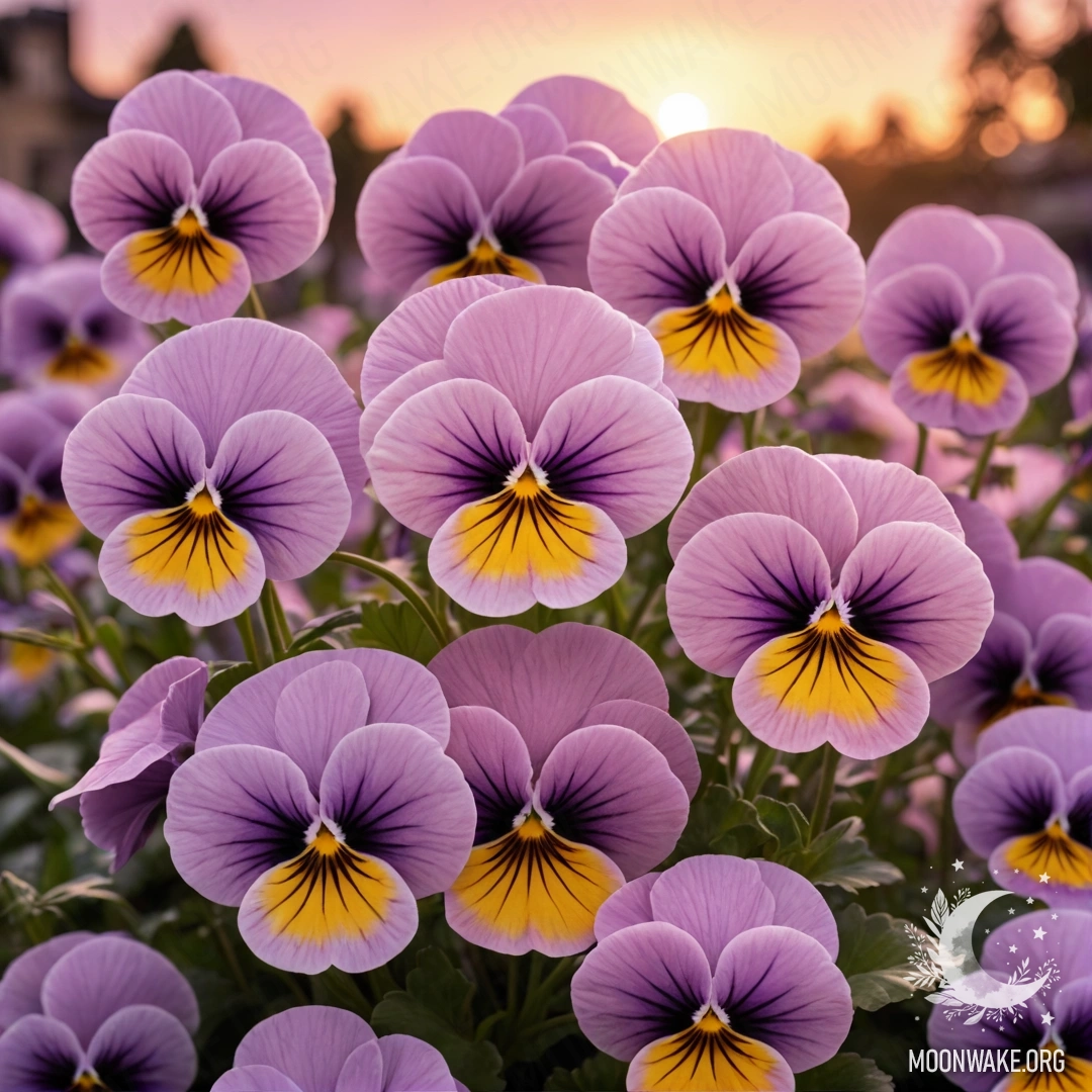 A serene scene depicting soft pink pansies under a sunset sky.
