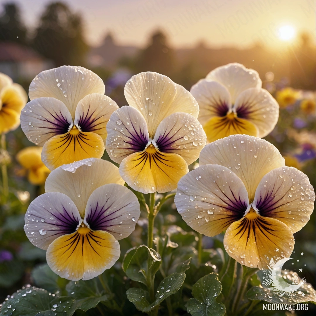 Sweet Pansies at Sunset Delicate cream-yellow pansies adorned with dew drops against a sunset backdrop.