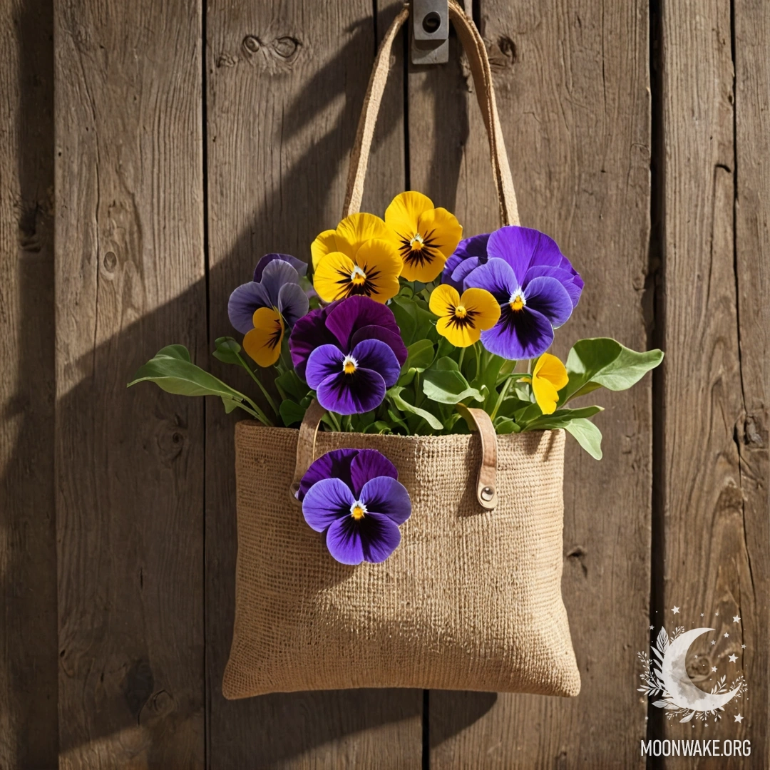 A small burlap bag filled with pansies hanging on a shabby wooden wall.