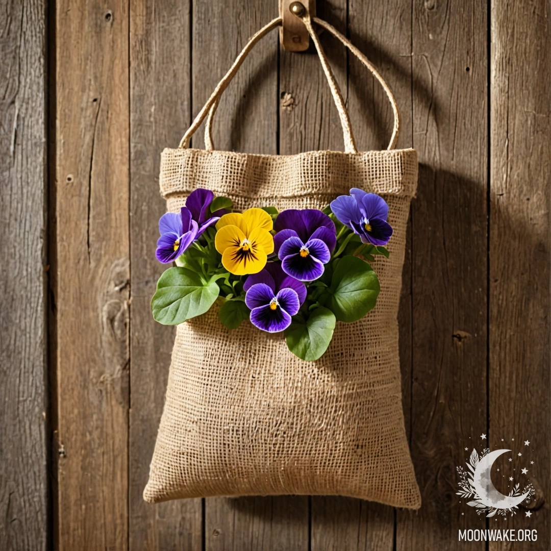 A small burlap bag filled with pansies hanging on a shabby wooden wall.