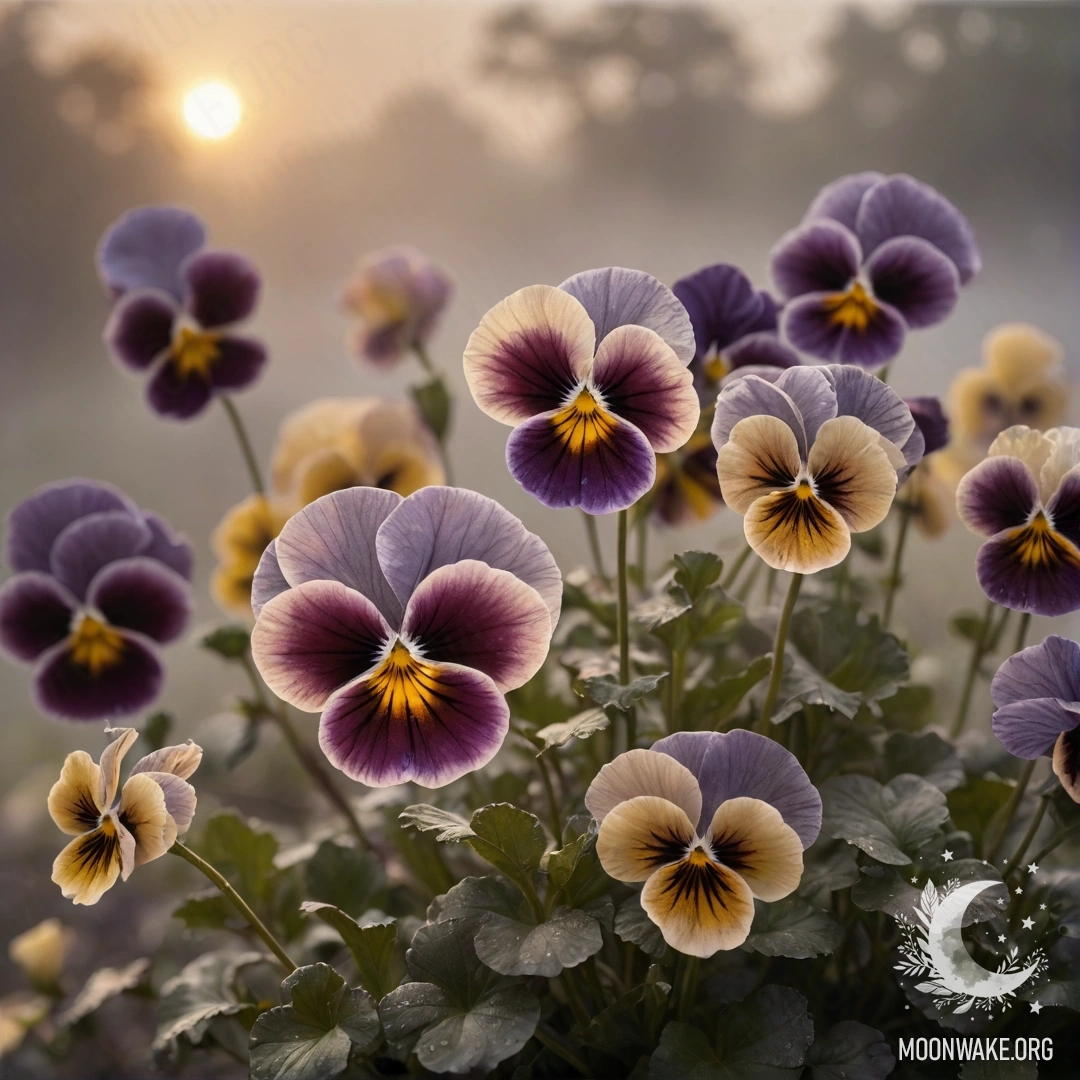 A serene scene of sweet pansies surrounded by fog at sunset.