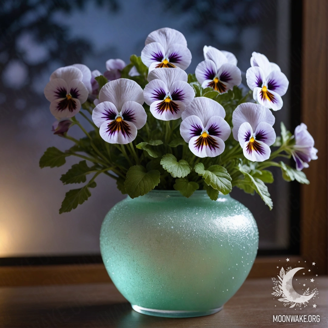 A vase filled with sweet pansies surrounded by frost at night.