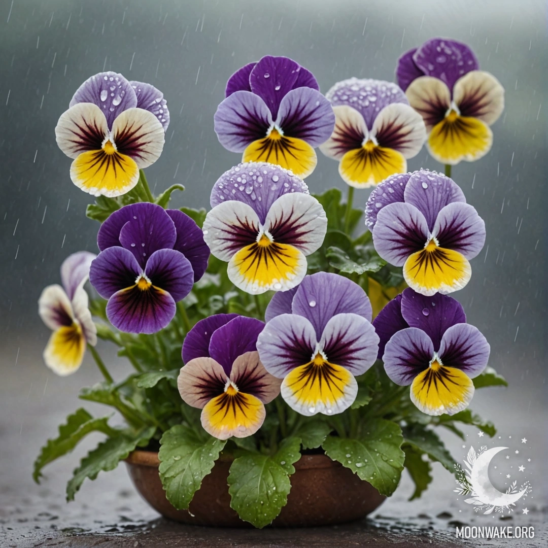 A cluster of sweet pansies surrounded by mist and rain patterns in soft sea wave colors.