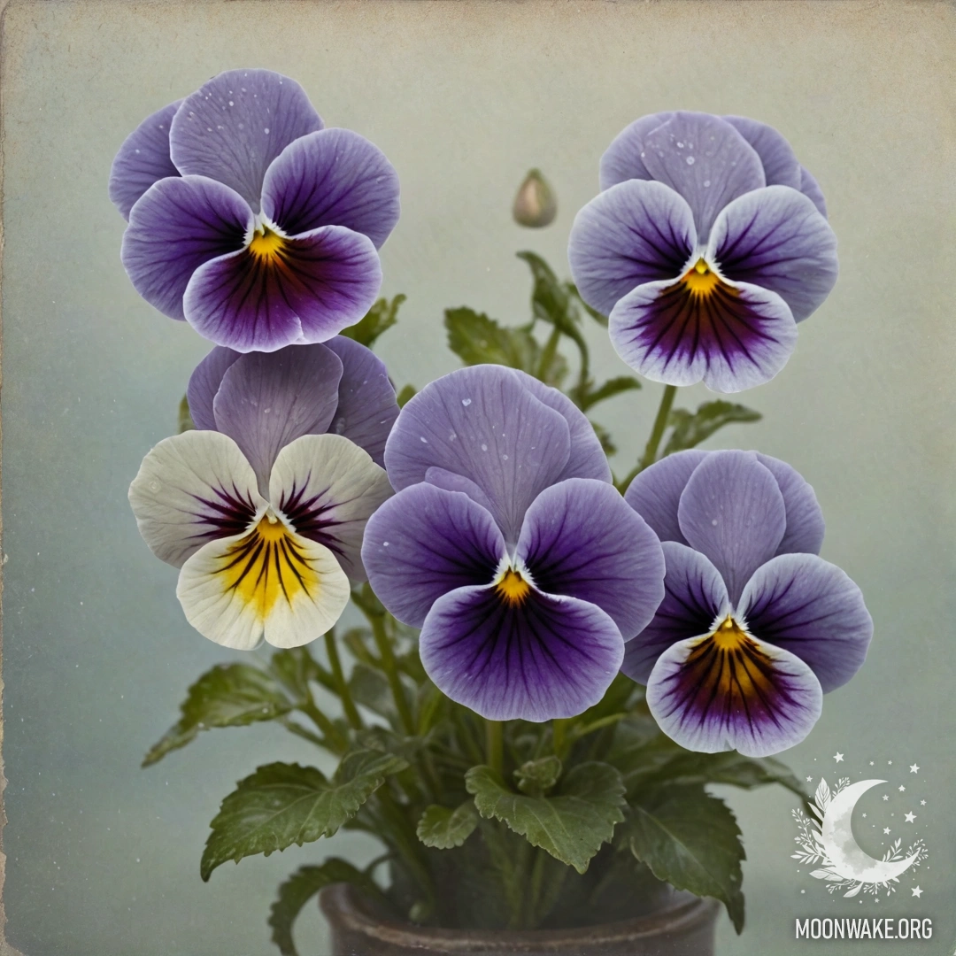 A soft arrangement of sweet pansies surrounded by mist with glimmering elements.