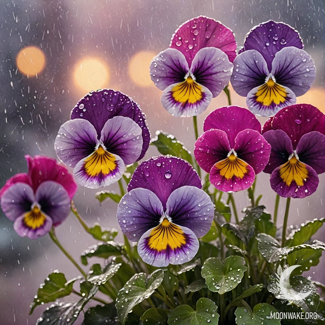 Sweet Pansies in the Mist at Sunset A watercolor painting of fuchsia pansies in the mist during sunset rain.
