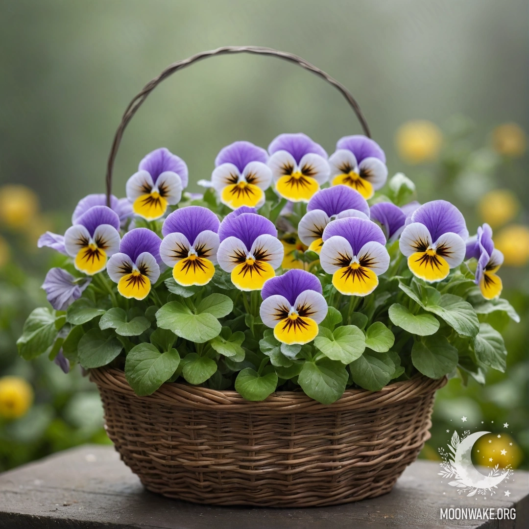 A basket filled with sweet pansies in misty green hues.