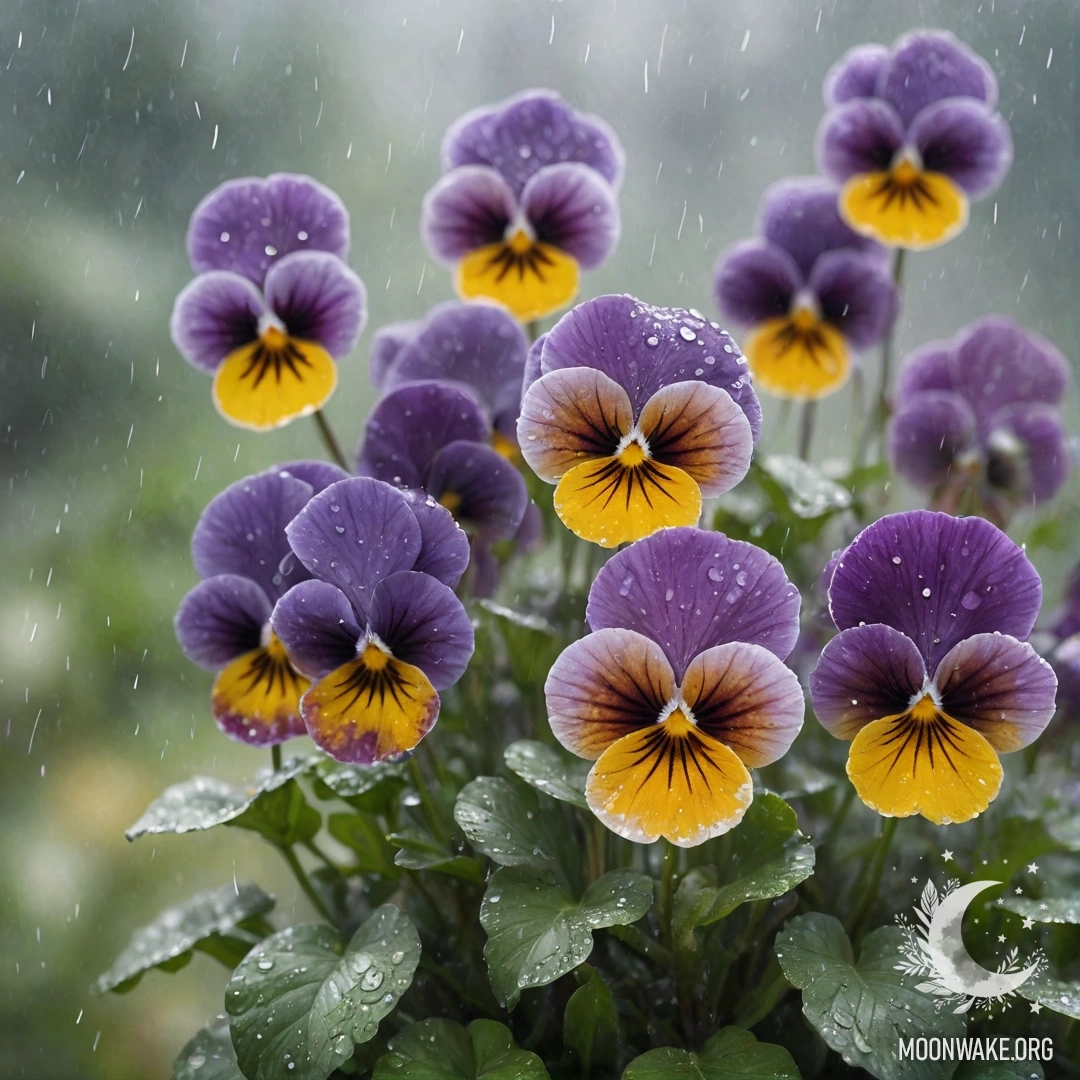 A watercolor painting of pansies in olive color, surrounded by mist and rain.