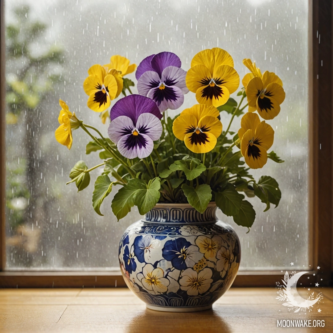 A vase holding yellow pansies with raindrops, illuminated by sunlight.