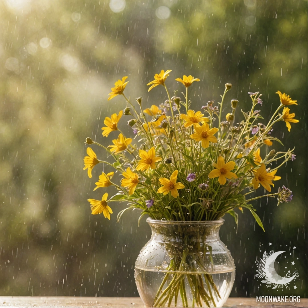 A vase filled with red pansies under rain, delicately painted.