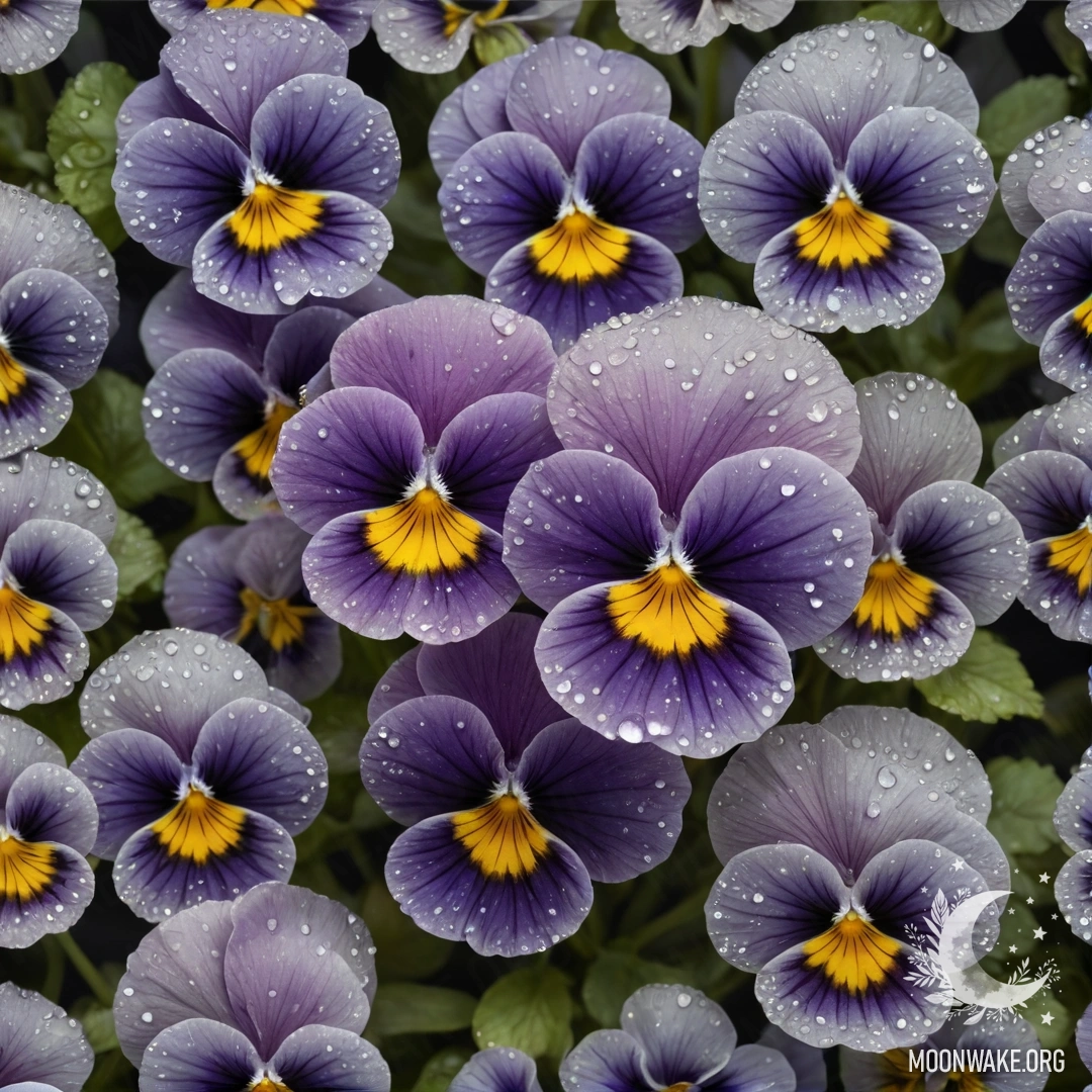 A close-up of sweet pansies adorned with dew drops, shining at night.