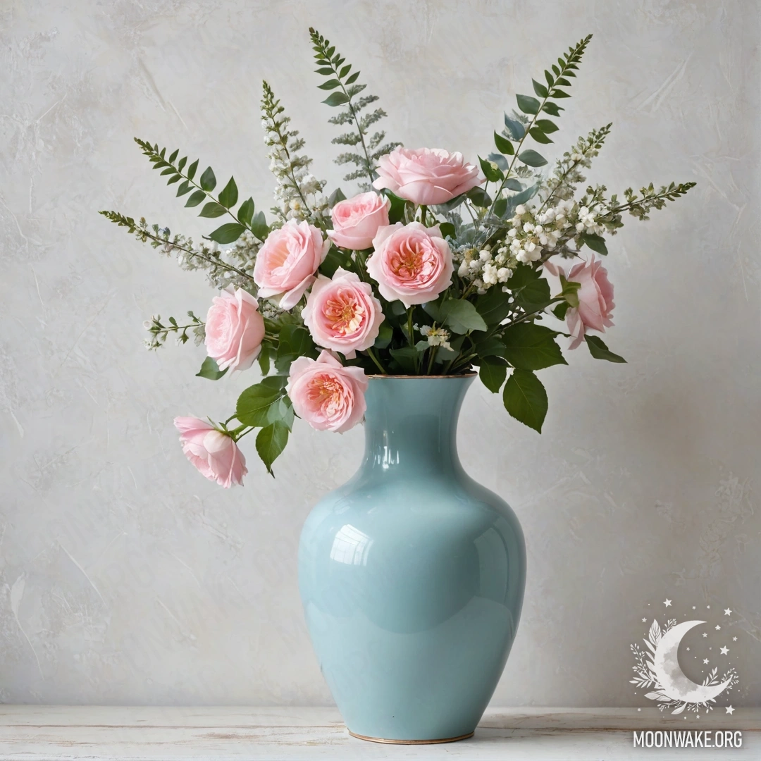 Sweet Pastel Blue Vase with Flowers A pastel blue metal vase filled with white and pink flowers against a shabby white wall with garland lights.