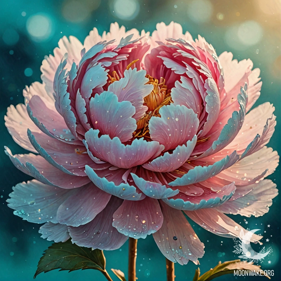A delicate aquamarine peony illuminated by the warm glow of sunset, adorned with shimmering sequins.