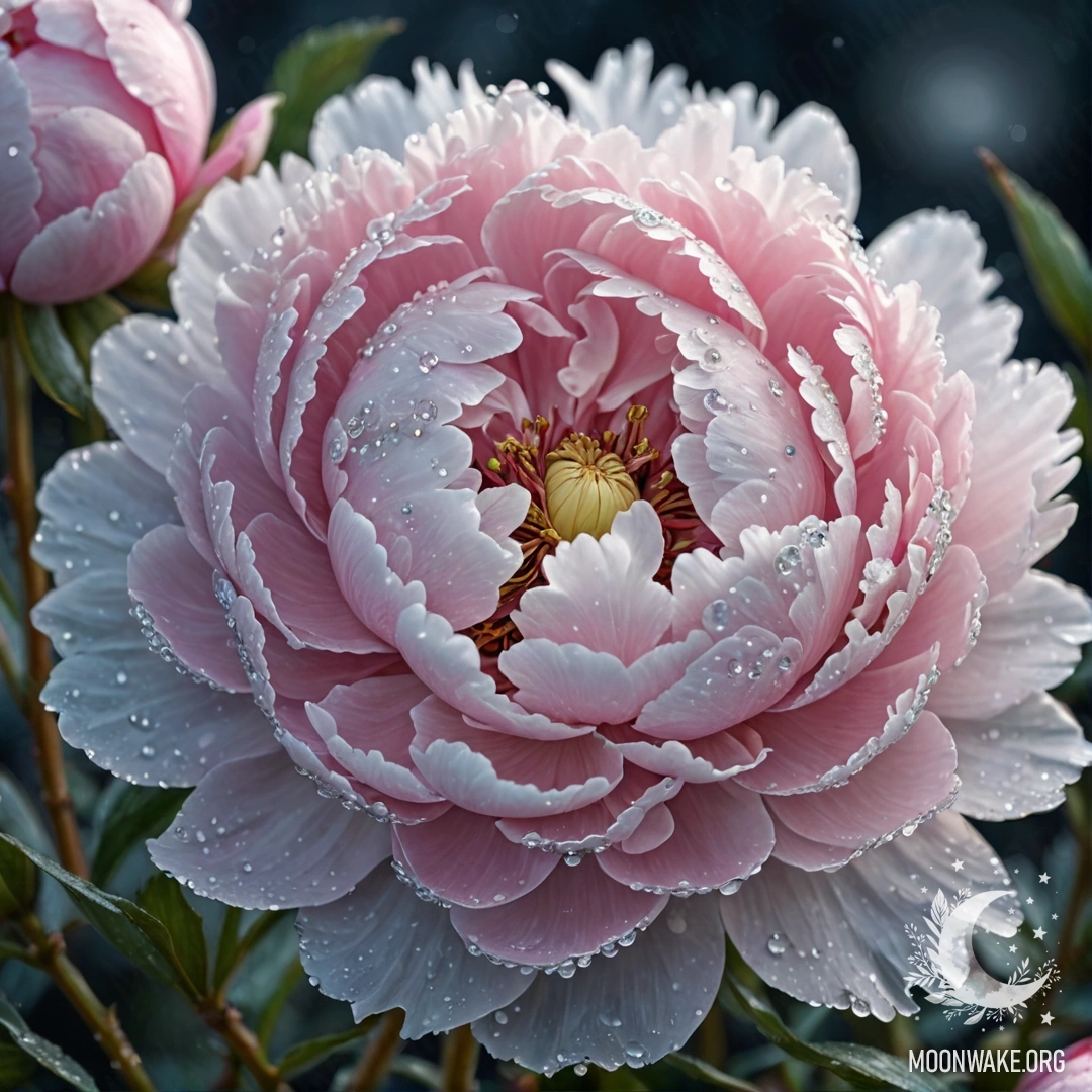 Sweet Peony in Frost at Night A sweet peony covered in frost, surrounded by rhinestones, at night.