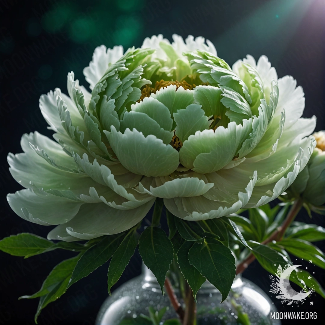 Sweet Peony in Misty Night A delicate green vase with a sweet peony surrounded by mist at night.
