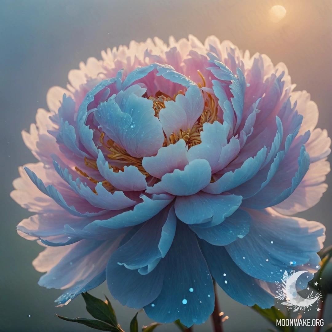 A delicate sweet peony surrounded by mist at sunset with glitters.