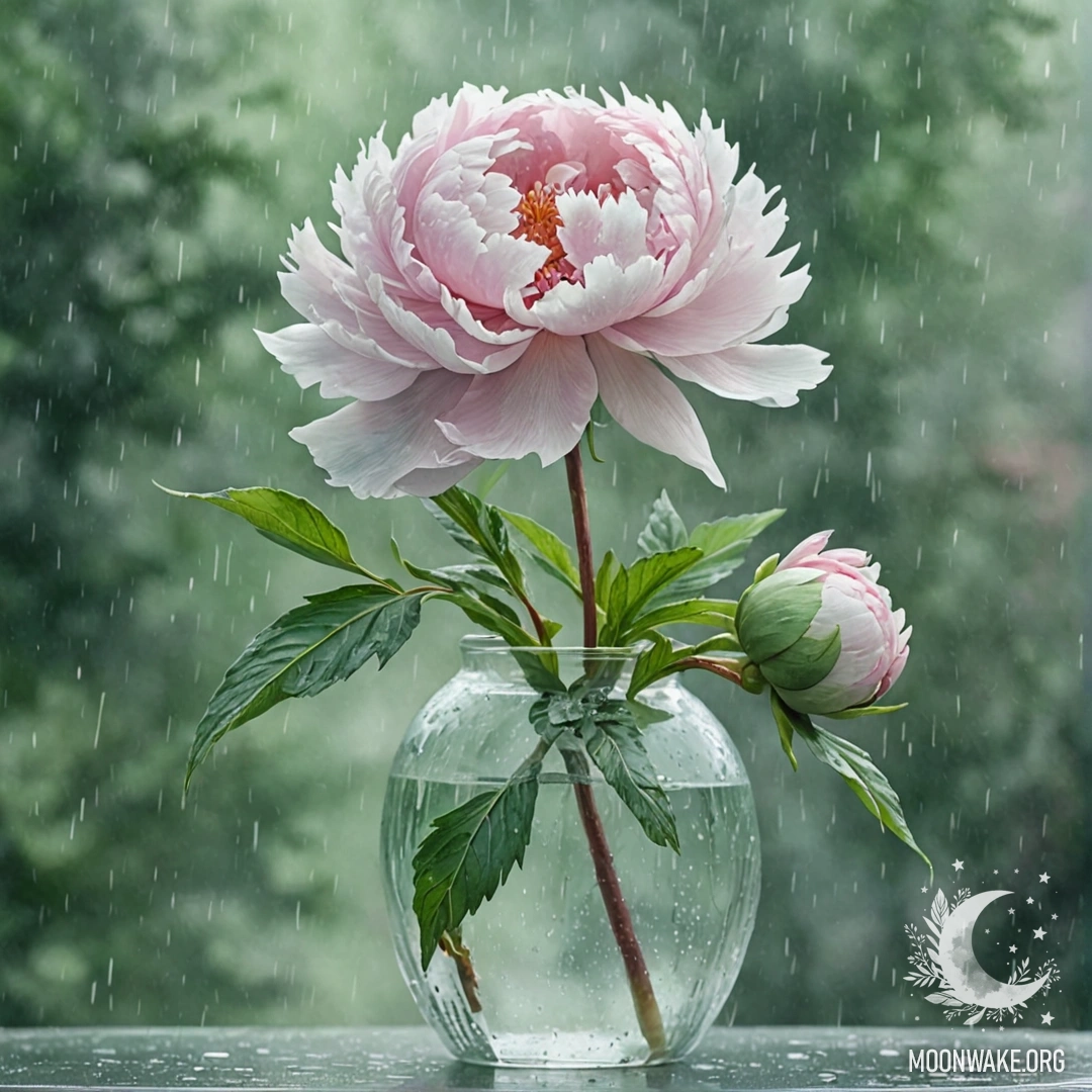 Sweet Peony in Misty Rain A peony flower in a mint-colored vase, surrounded by mist and rain.
