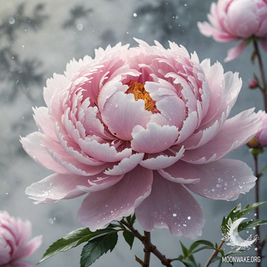 Sweet Peony in Mist with Glitter A soft peony flower surrounded by mist and sparkling glitter.