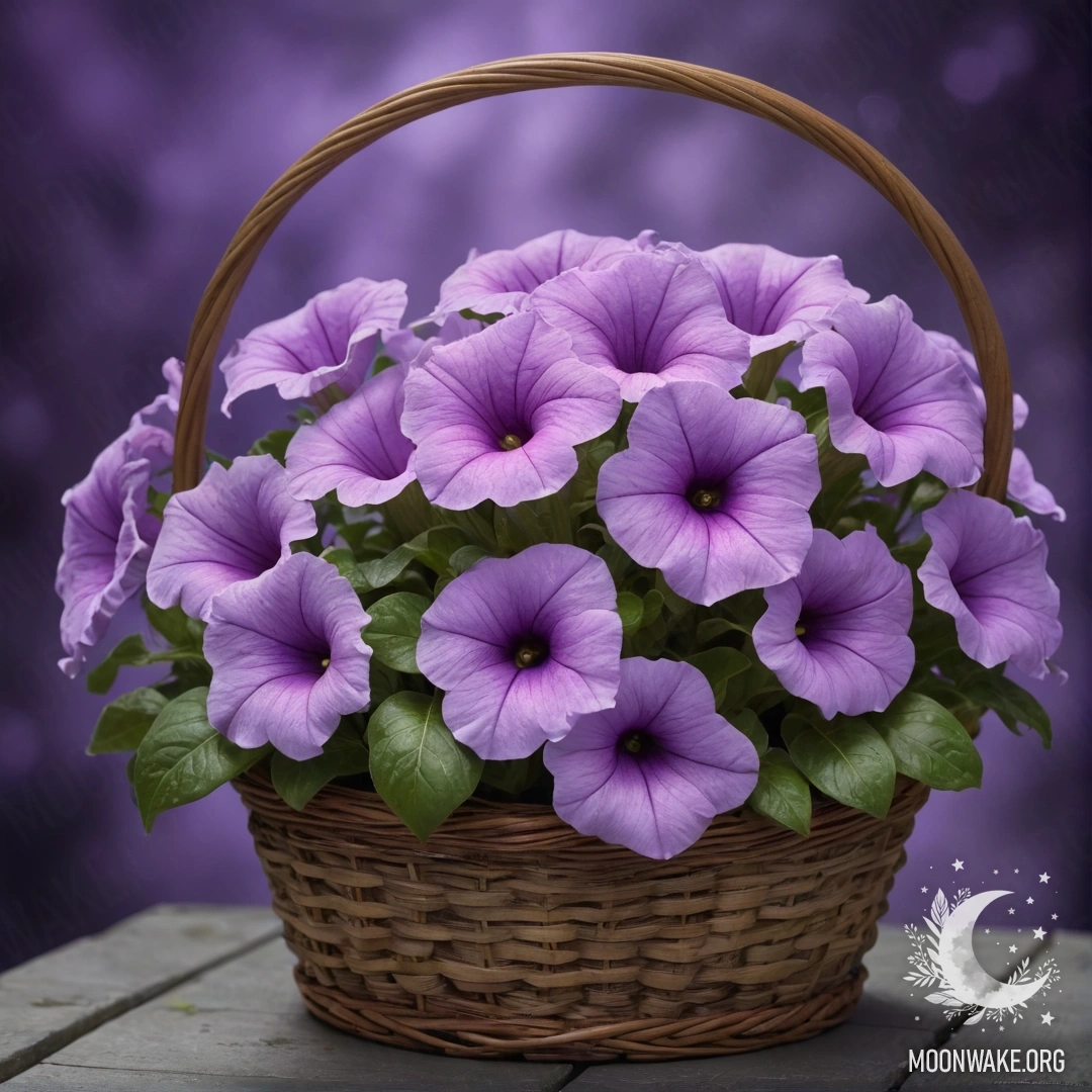 A delicate petunia resting in a lavender-colored basket amidst the mist.