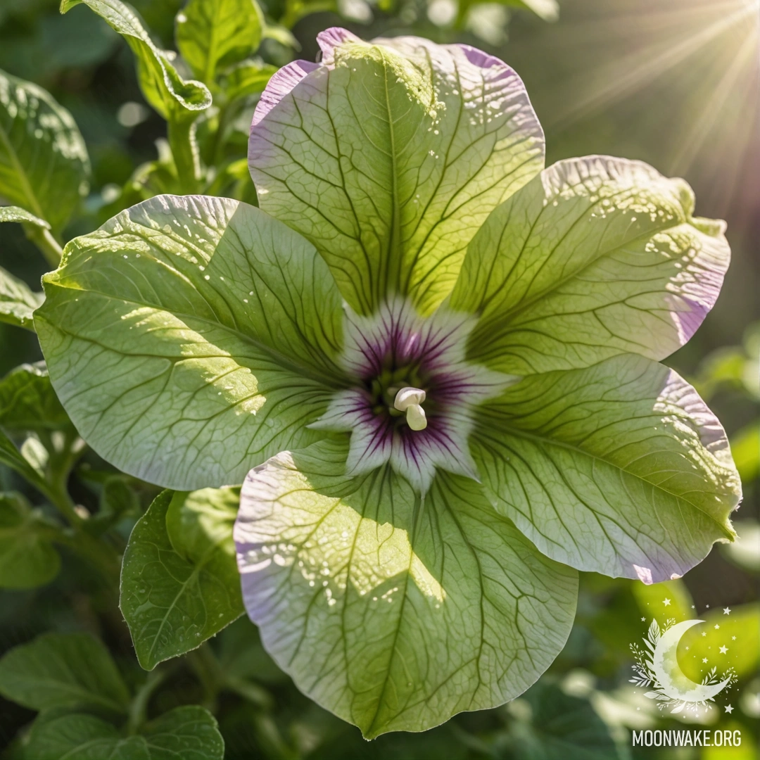 A watercolor painting of a sweet petunia with lime color patterns and a web illuminated by sunny rays.