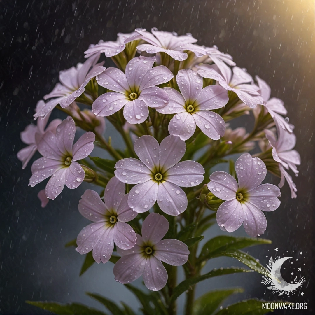 A bouquet of cream yellow sweet phlox in mist and rain at night.